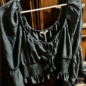 Ruche Black Smocked Peasant Crop Top with Tie